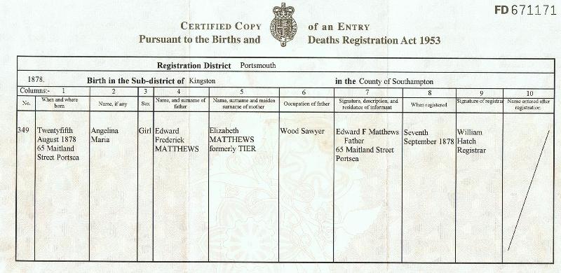 Matthews (Angelina Maria) 1878 Birth Certificate